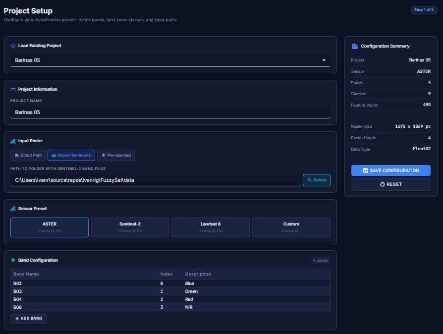 Terra ML area statistics showing pixel distribution across 7 land cover classes with pie chart and bar chart