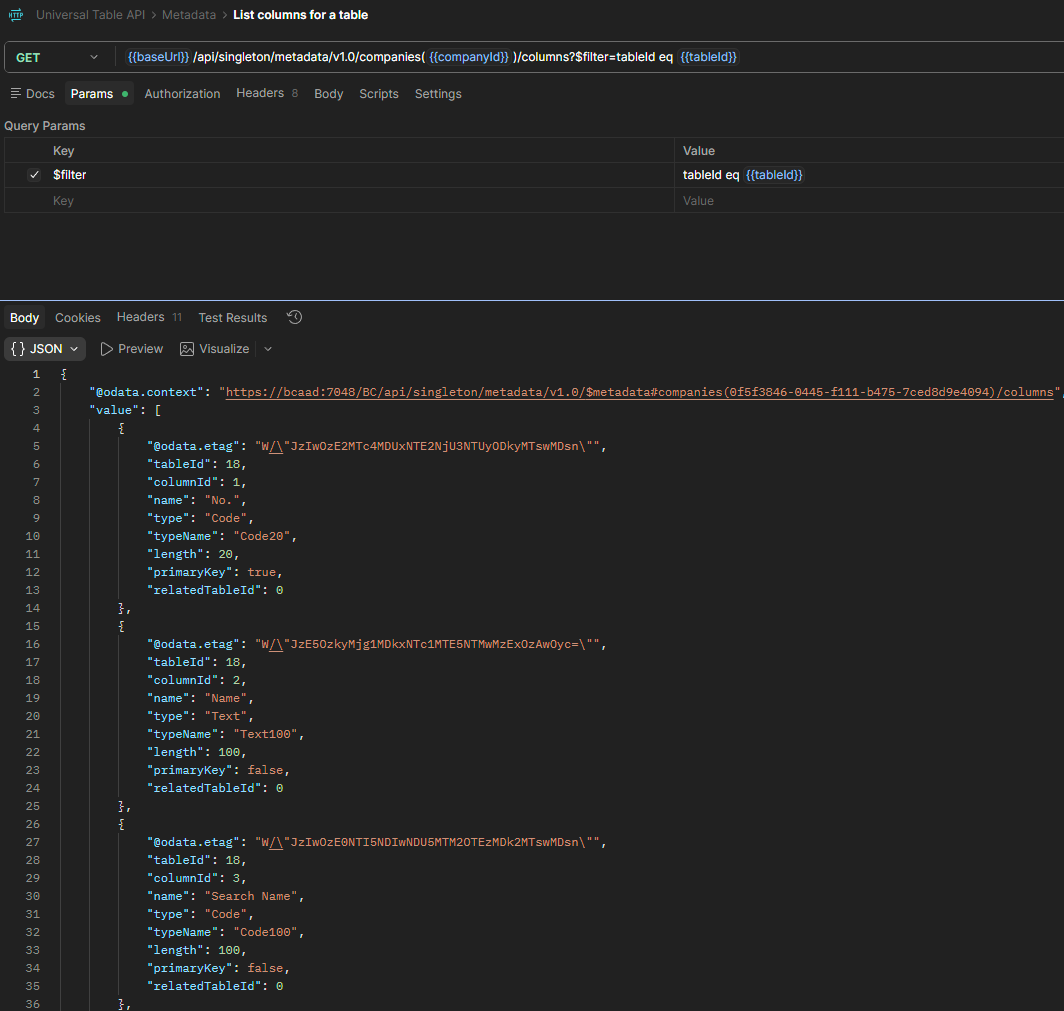 Postman showing the columns endpoint returning the stored columns of the Customer table with type, typeName, length, primaryKey and relatedTableId